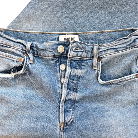AGOLDE Riley Long High Rise Slim Straight Light Medium Blue Button Fly Size 27 - Picture 9 of 15